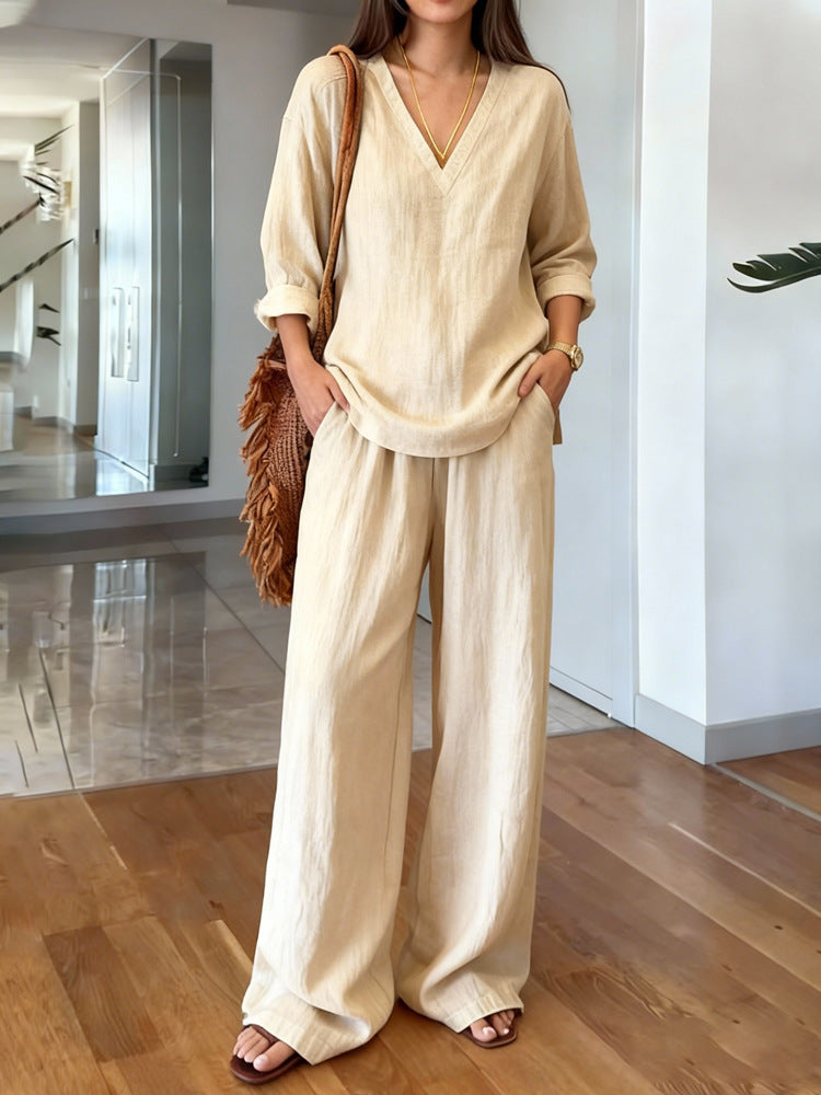 Women's Casual Long Sleeve V-Neck Cotton Set