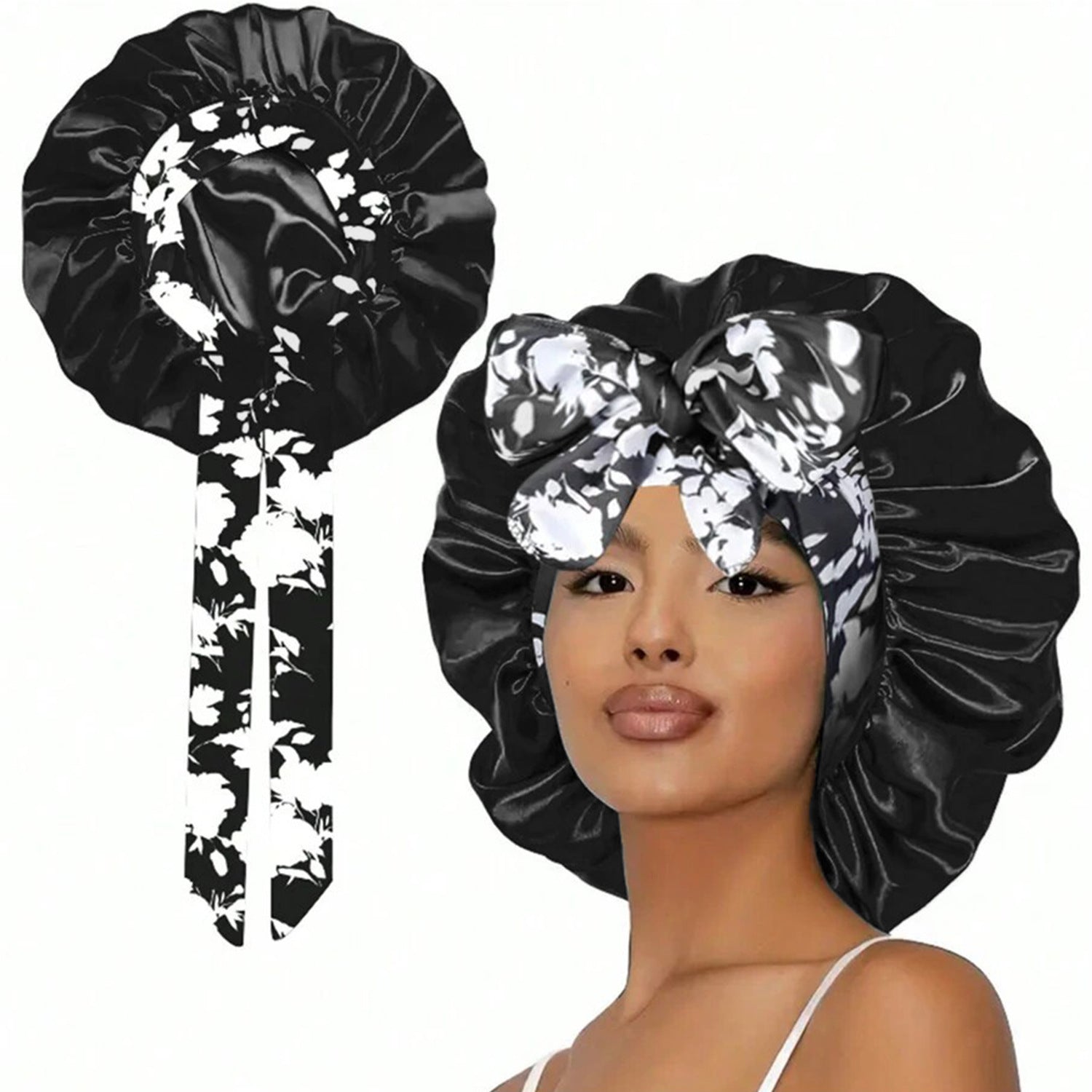Lace Trim Satin Sleep Bonnet with Bow