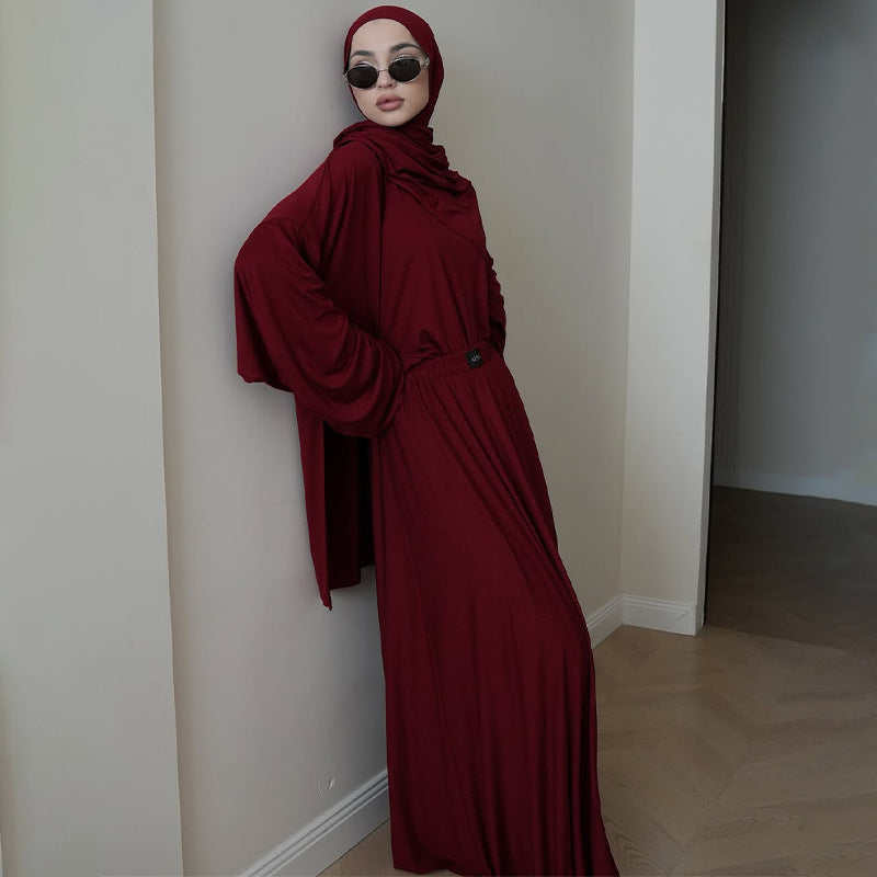 Solid Color Pleated Long Sleeve Dress Set