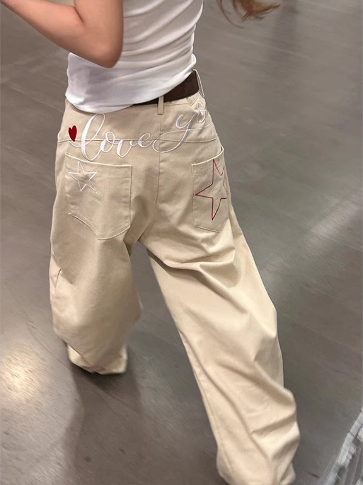 Embroidered Wide Leg Denim Pants