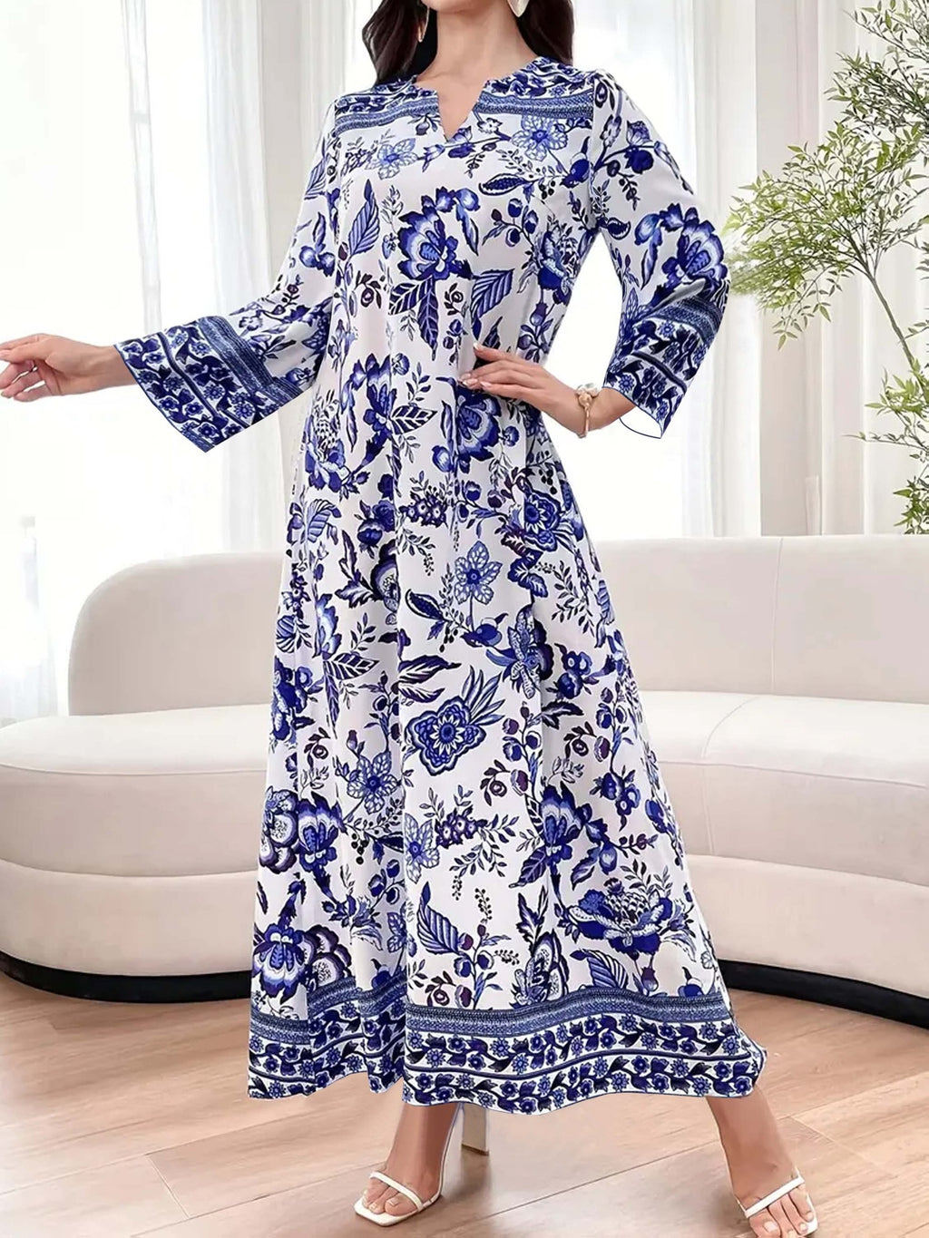 Retro Geometric Print Embroidered Long Sleeve Dress