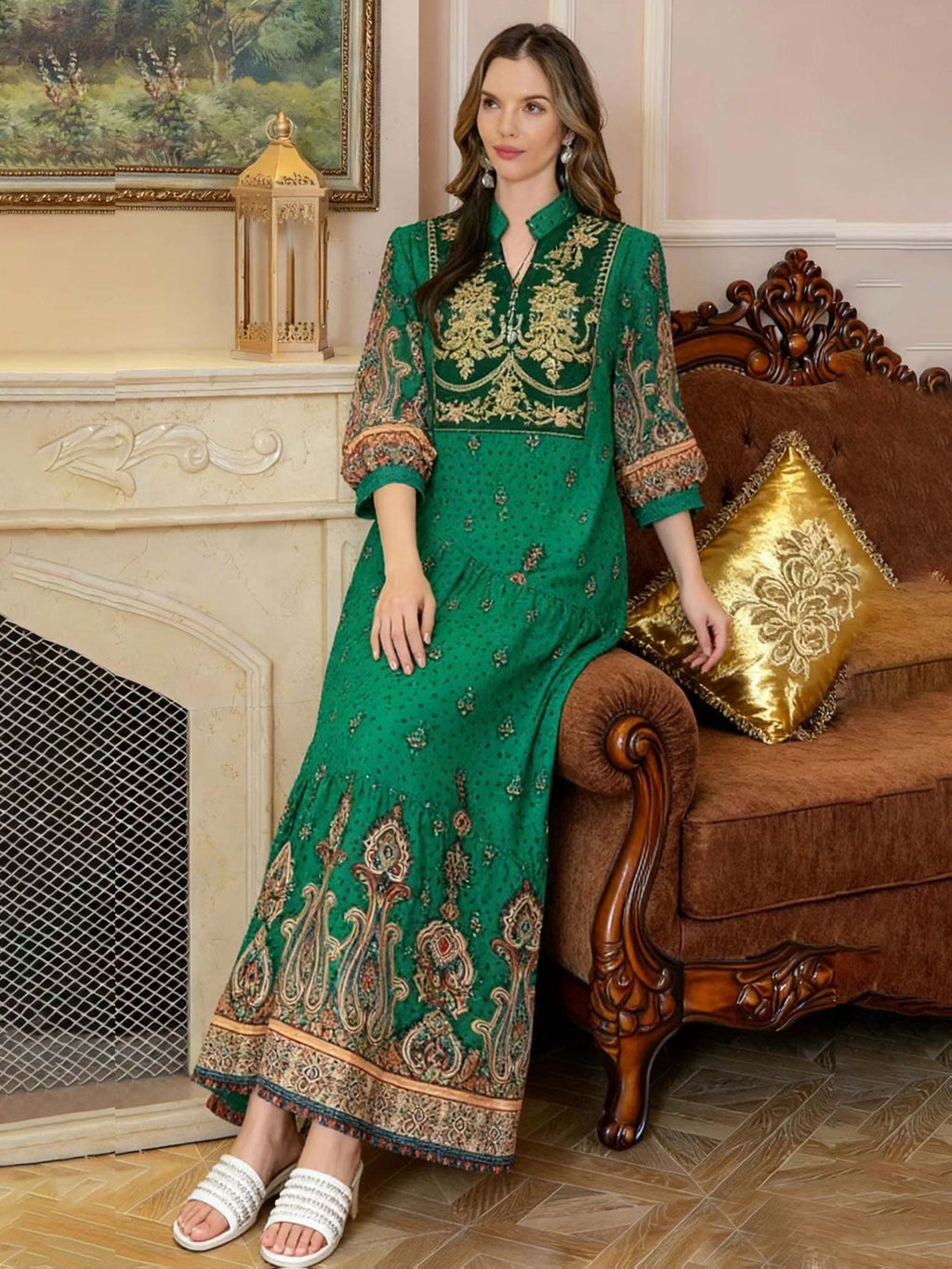 Retro Geometric Print Embroidered Long Sleeve Dress
