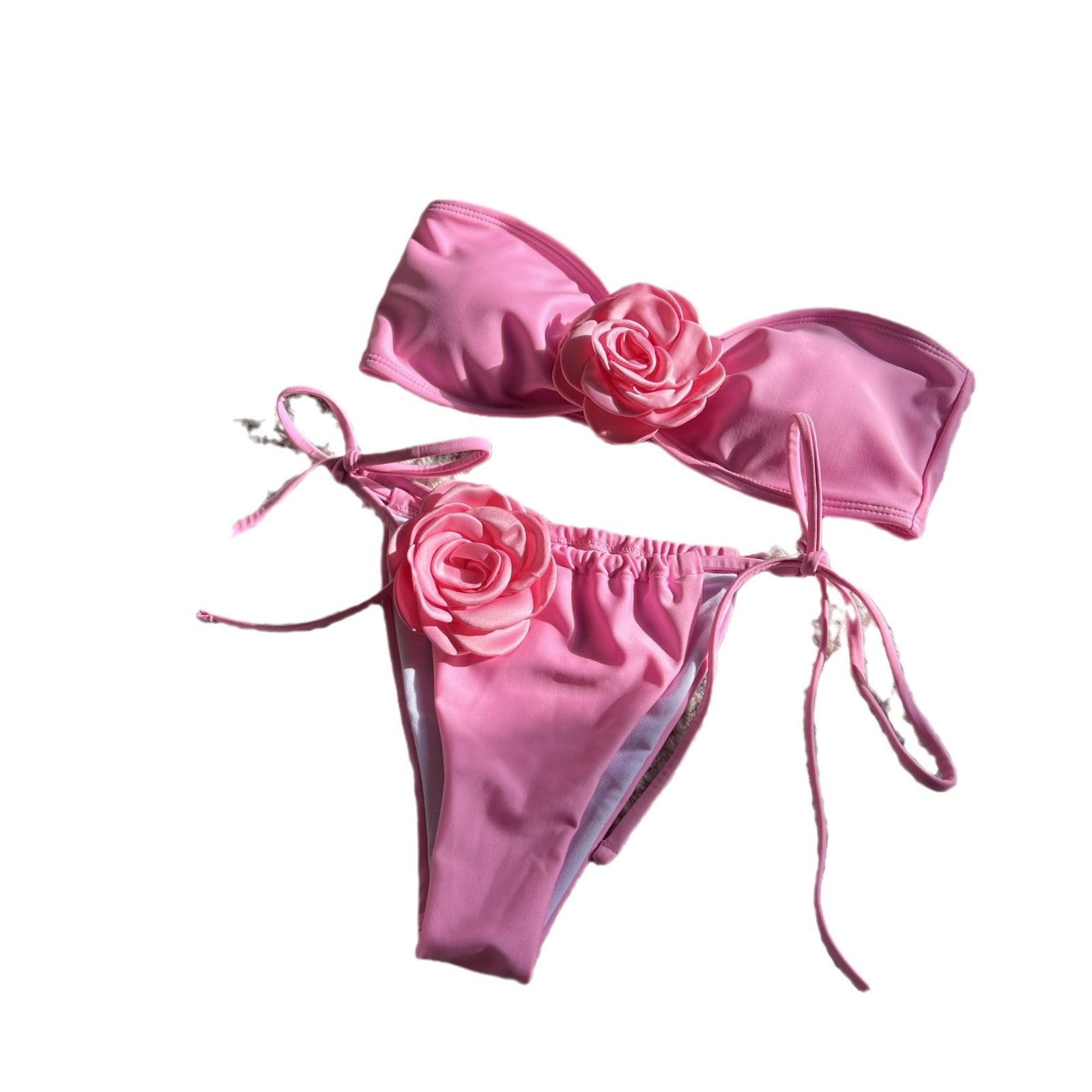 Pure Color Drawstring Tube Top Bikini Swimsuit
