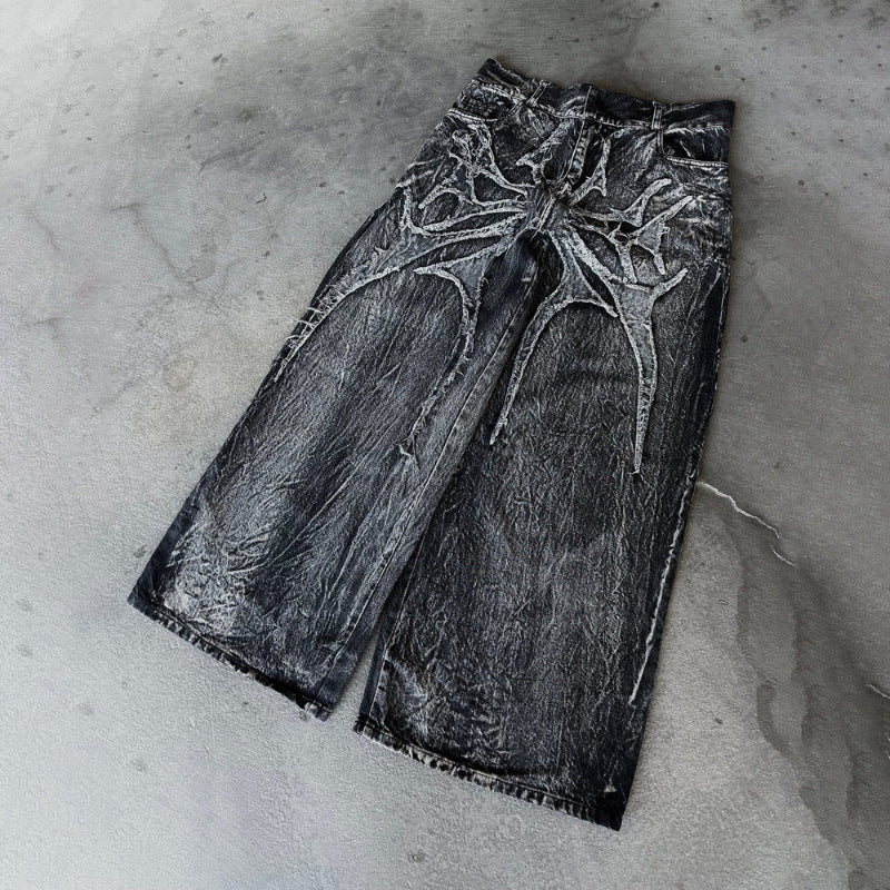 Gothic Print Loose Fit Denim Pants