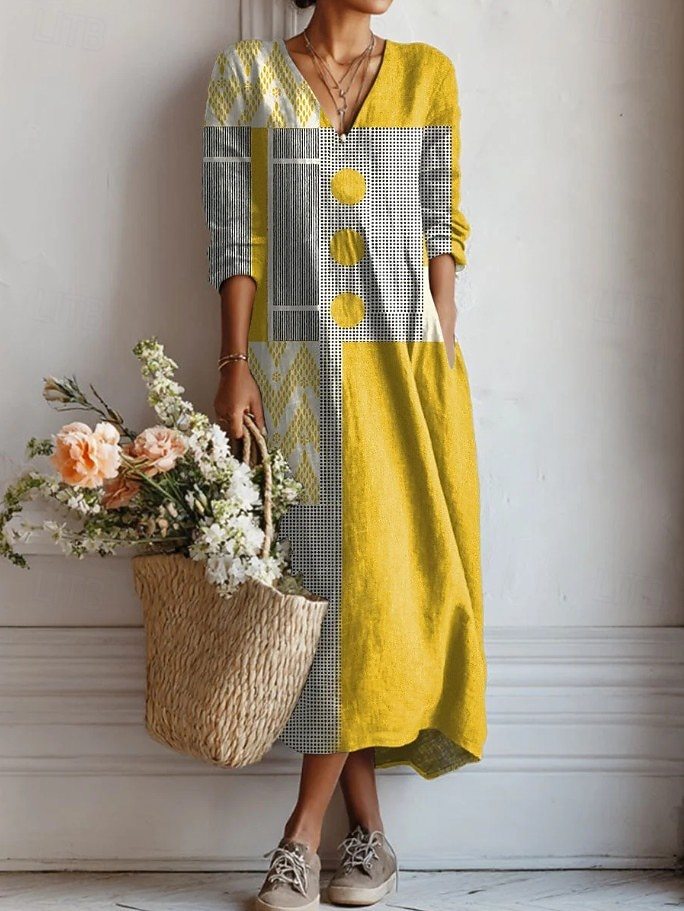 Womens V-Neck Long Sleeve Printed Dress