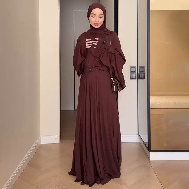 Solid Color Pleated Long Sleeve Dress Set