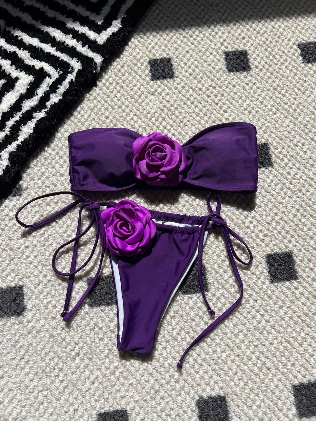 Pure Color Drawstring Tube Top Bikini Swimsuit
