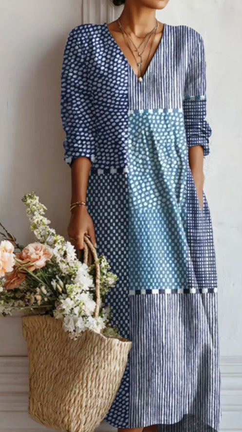 Womens V-Neck Long Sleeve Printed Dress