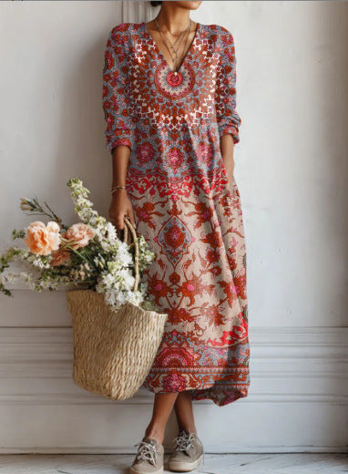 Womens V-Neck Long Sleeve Printed Dress