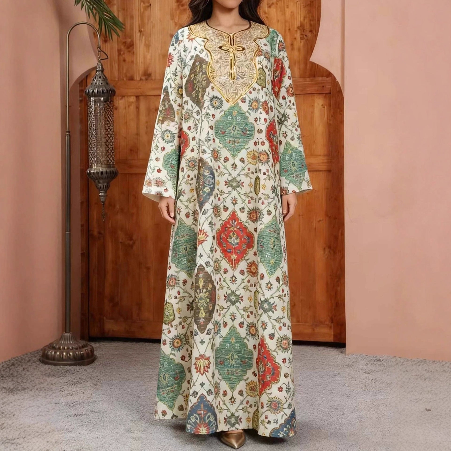 Retro Geometric Print Embroidered Long Sleeve Dress