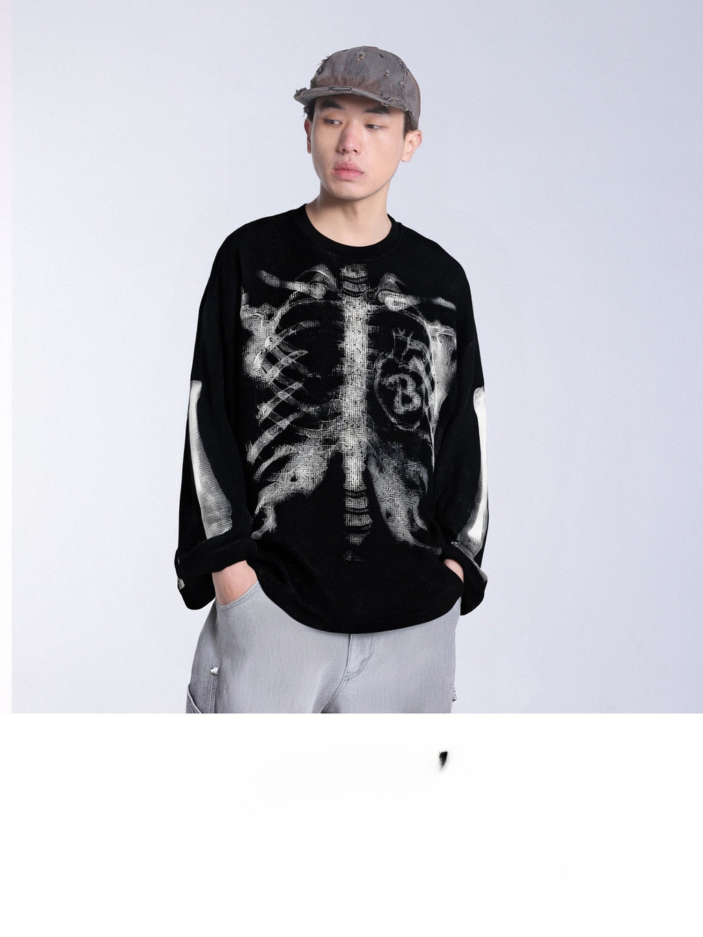 Skull Print Waffle Long Sleeve T-Shirt