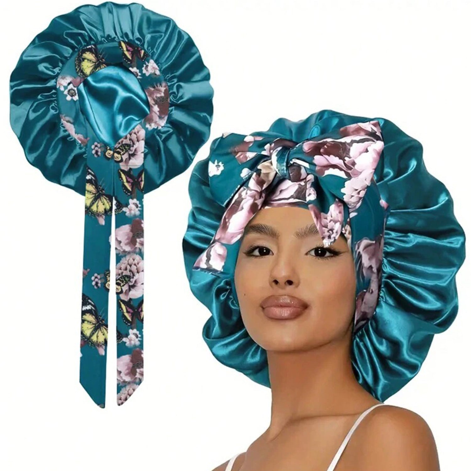 Lace Trim Satin Sleep Bonnet with Bow