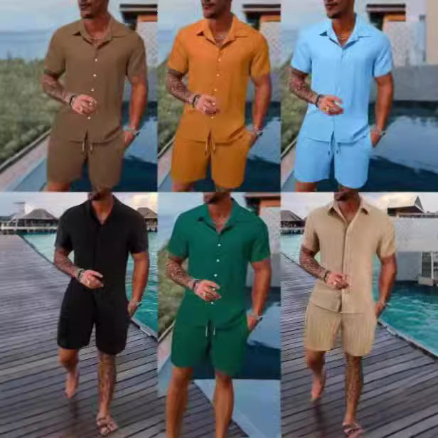 summer men's casual shirt short sleeve beach pants suit