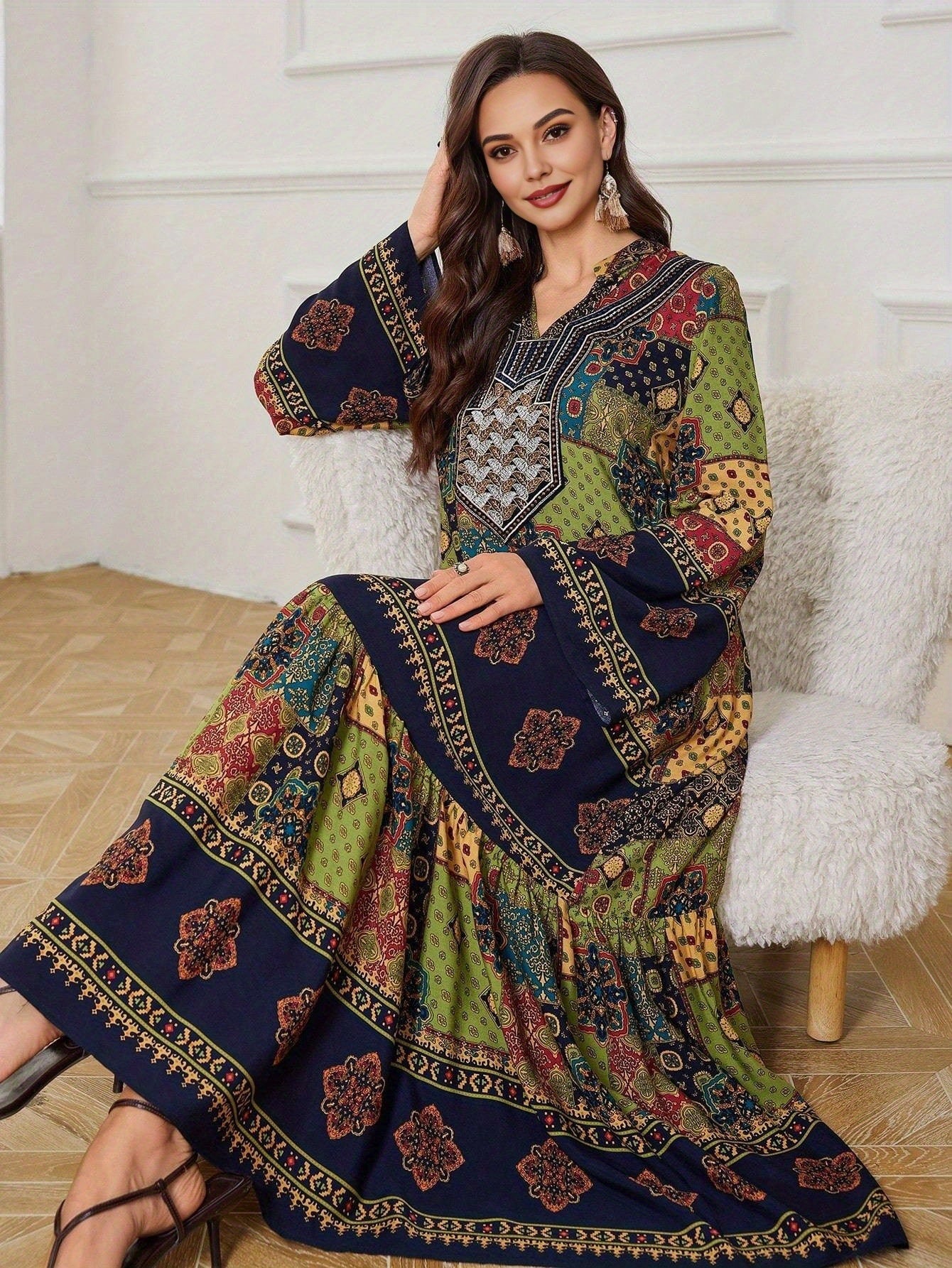 Retro Geometric Print Embroidered Long Sleeve Dress