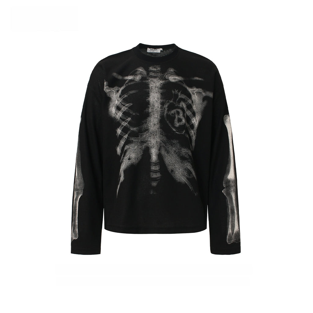 Skull Print Waffle Long Sleeve T-Shirt