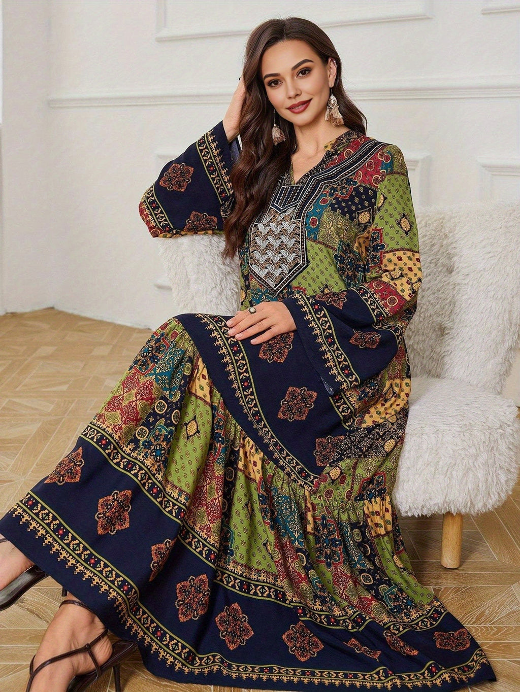 Retro Geometric Print Embroidered Long Sleeve Dress
