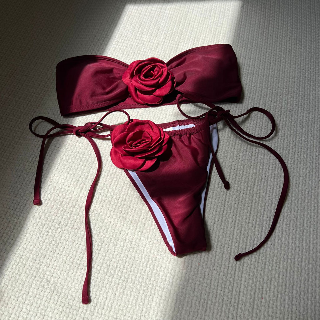 Pure Color Drawstring Tube Top Bikini Swimsuit