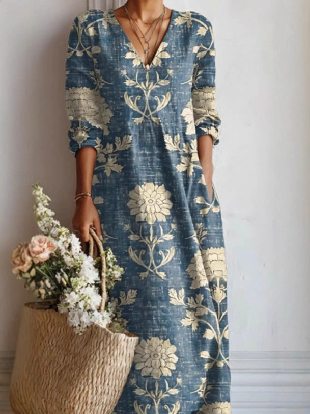 Womens V-Neck Long Sleeve Printed Dress