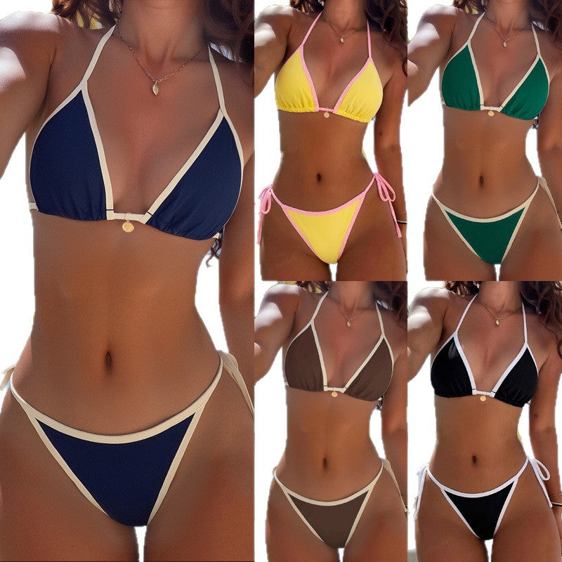 Contrast Trim Tie Detail Bikini Swimsuit