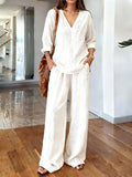 Women's Casual Long Sleeve V-Neck Cotton Set