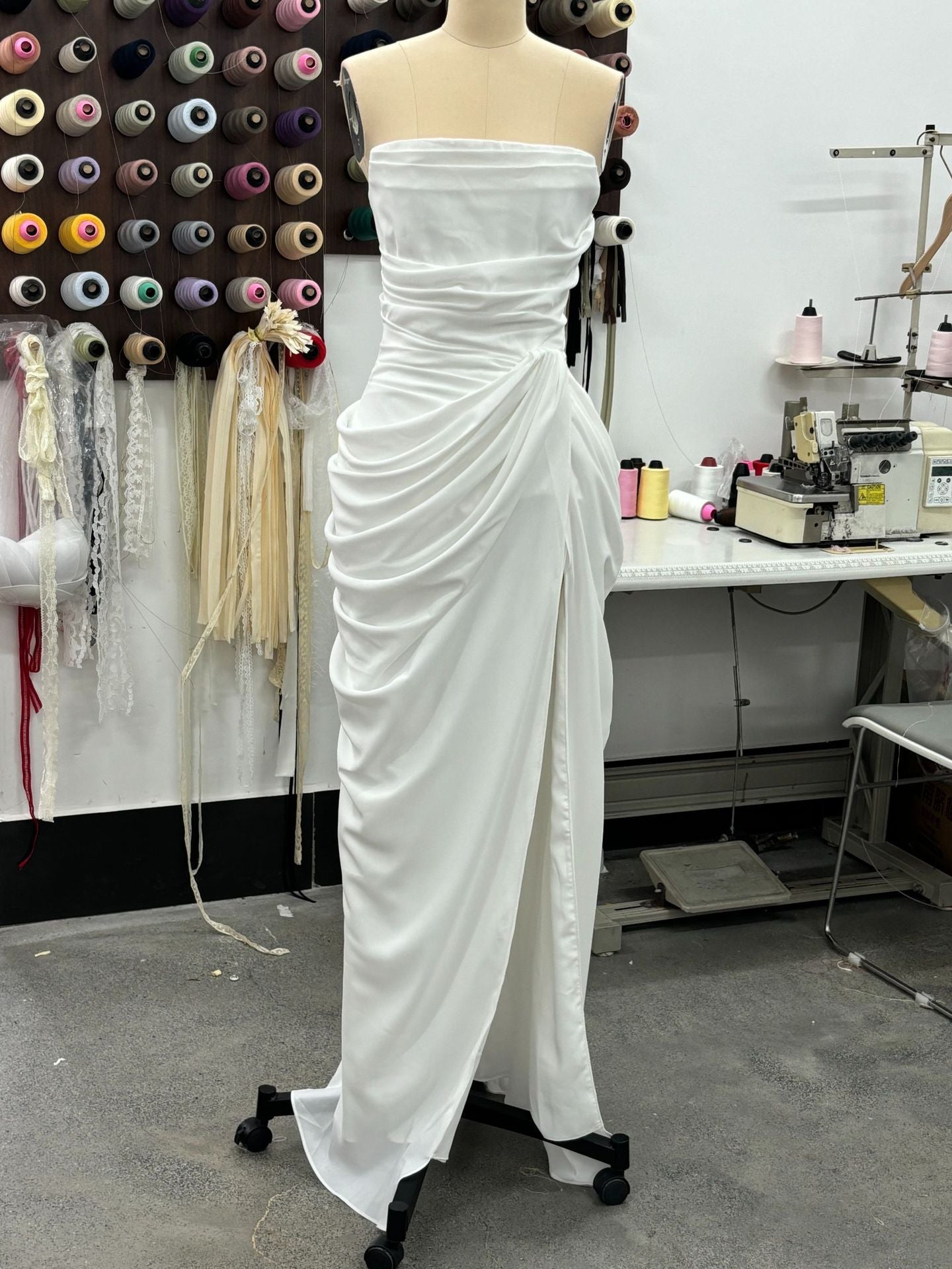 Sexy Slit Ruched Waist Strapless Long Dress