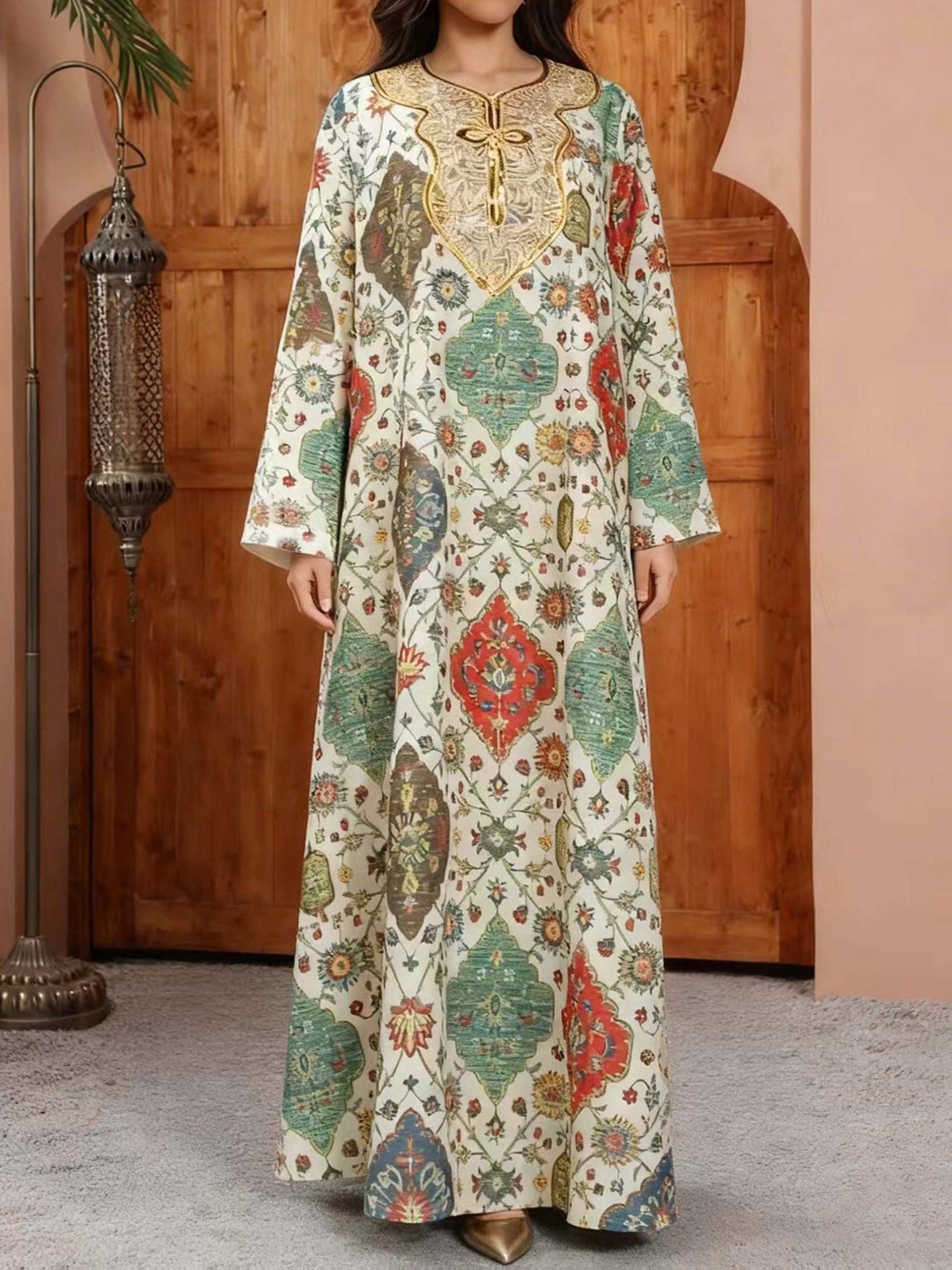 Retro Geometric Print Embroidered Long Sleeve Dress