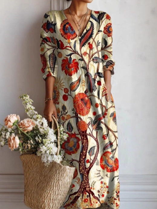 Womens V-Neck Long Sleeve Printed Dress