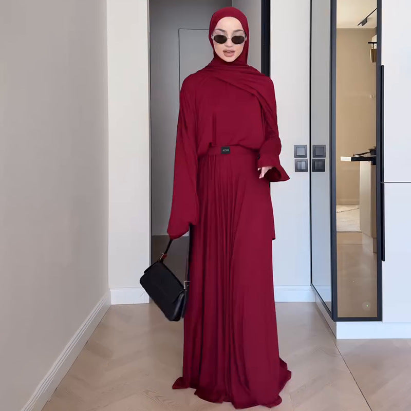 Solid Color Pleated Long Sleeve Dress Set