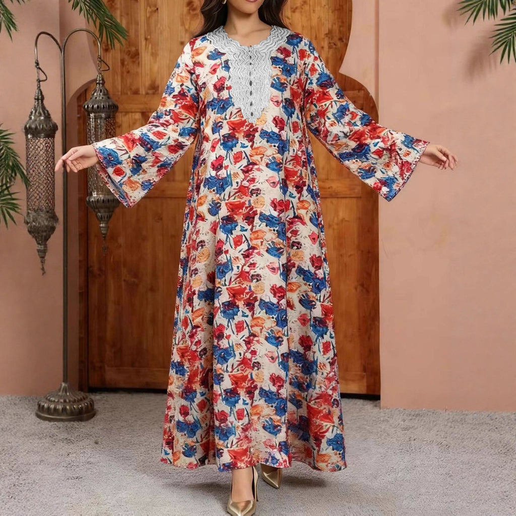 Retro Geometric Print Embroidered Long Sleeve Dress