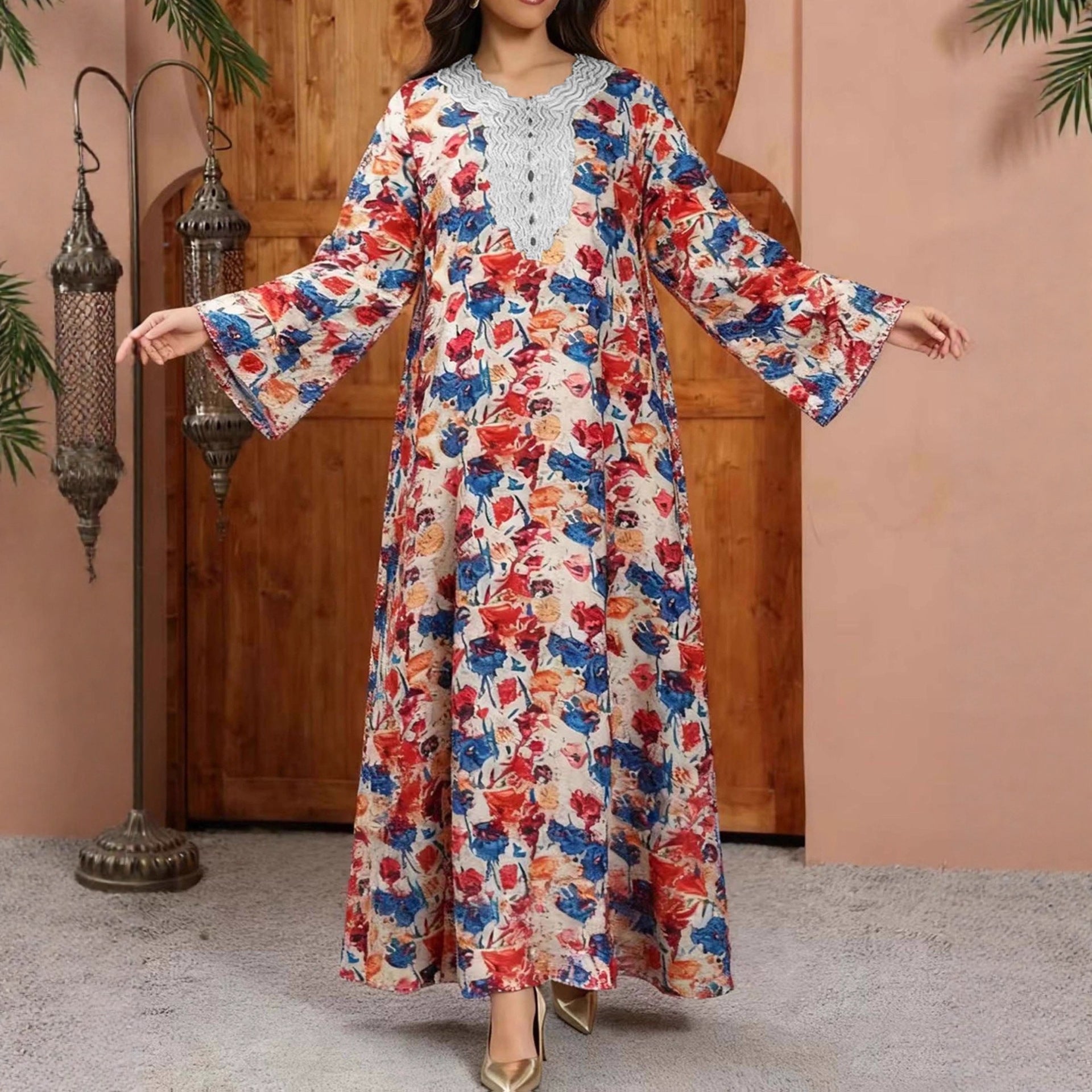Retro Geometric Print Embroidered Long Sleeve Dress