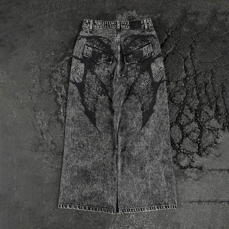 Bat Embroidery High Waist Straight Leg Denim Pants