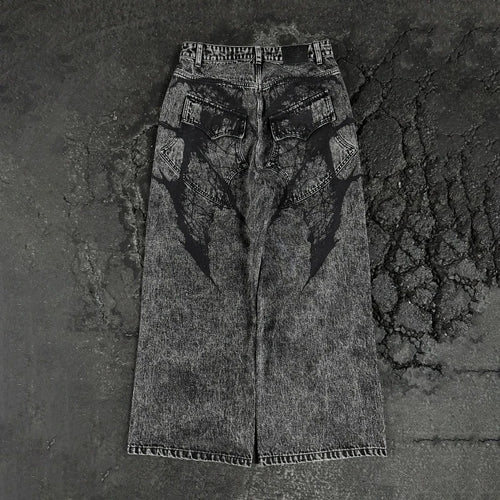 Bat Embroidery High Waist Straight Leg Denim Pants
