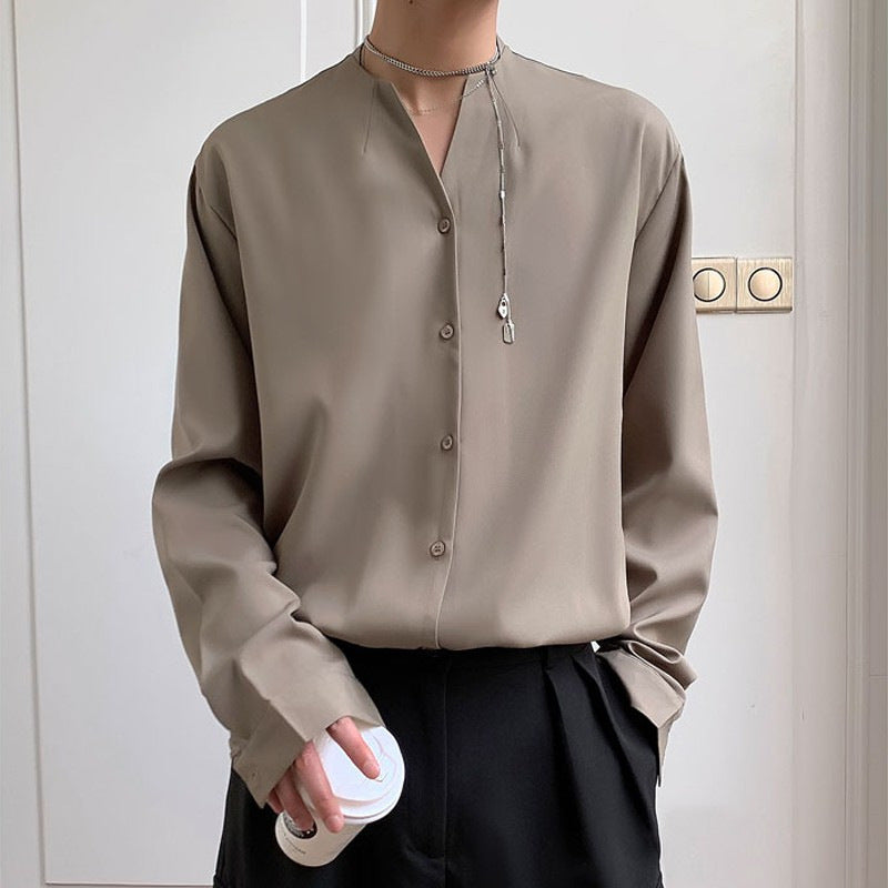 Casual Long Sleeve Collarless Shirt