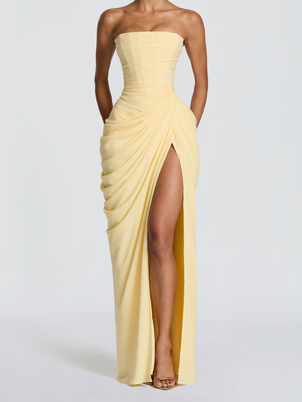 Sexy Slit Ruched Waist Strapless Long Dress