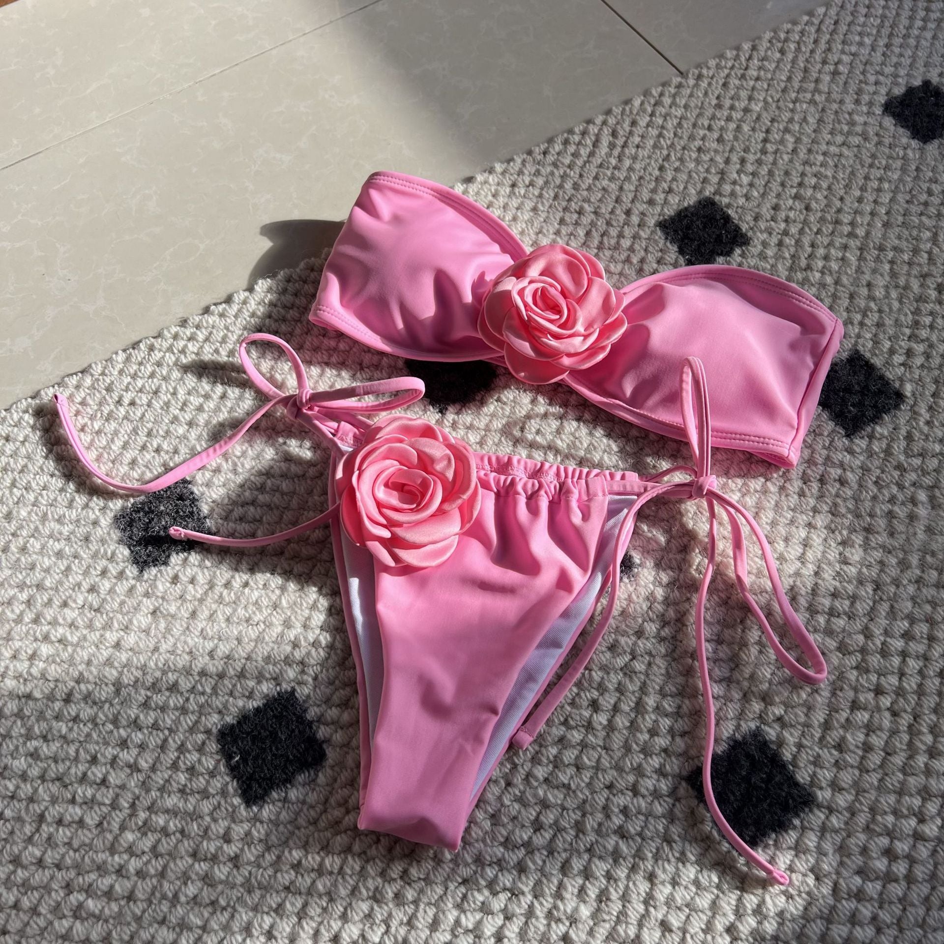Pure Color Drawstring Tube Top Bikini Swimsuit