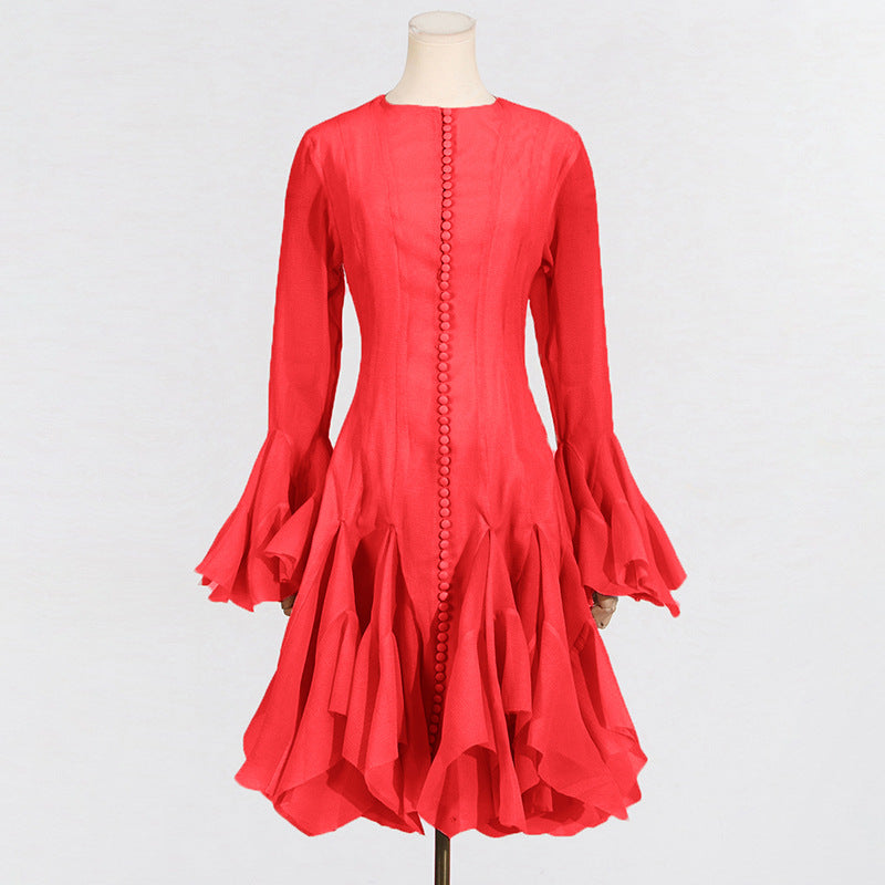 Ruffle High Neck Long Sleeve Dress