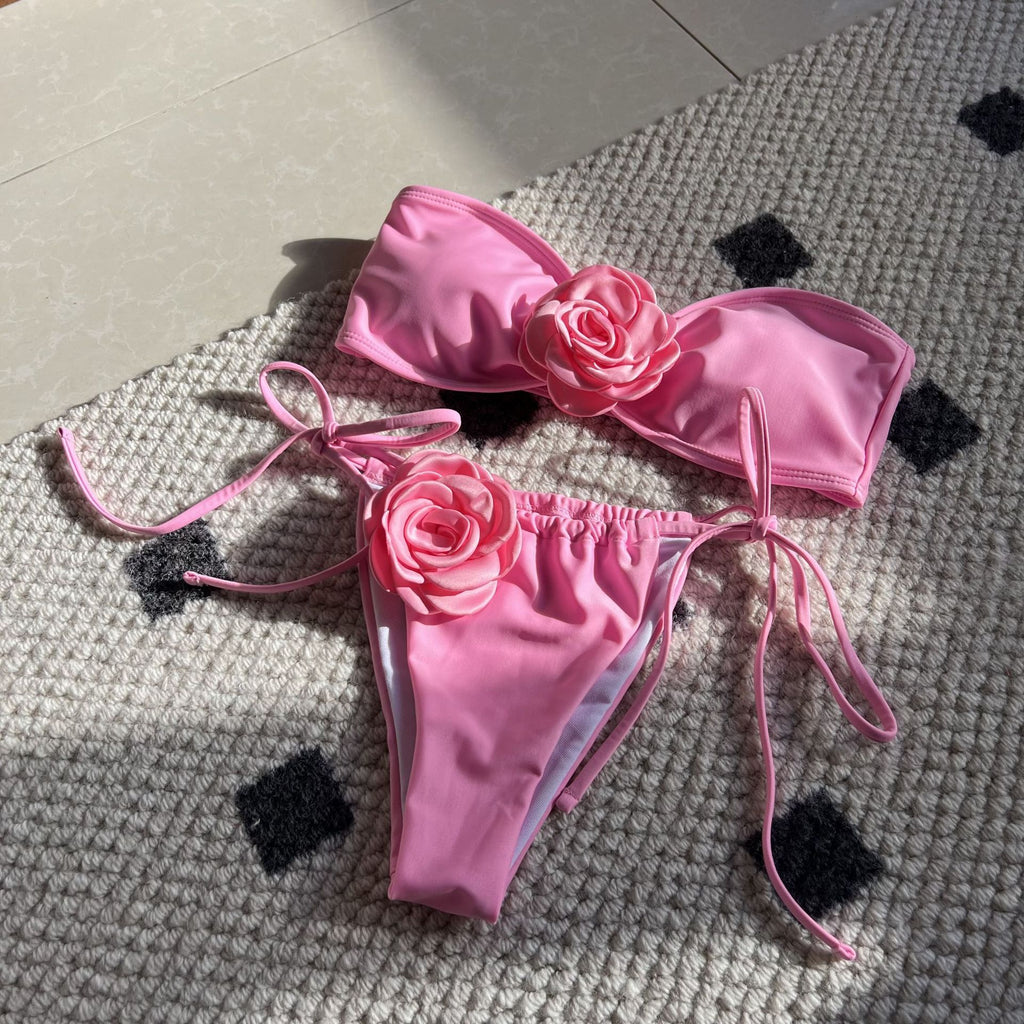 Pure Color Drawstring Tube Top Bikini Swimsuit