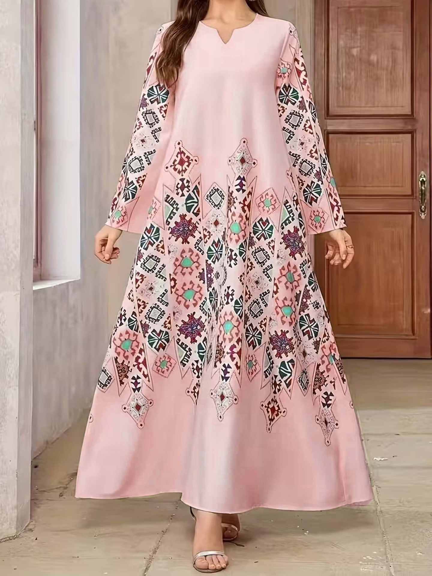 Retro Geometric Print Embroidered Long Sleeve Dress