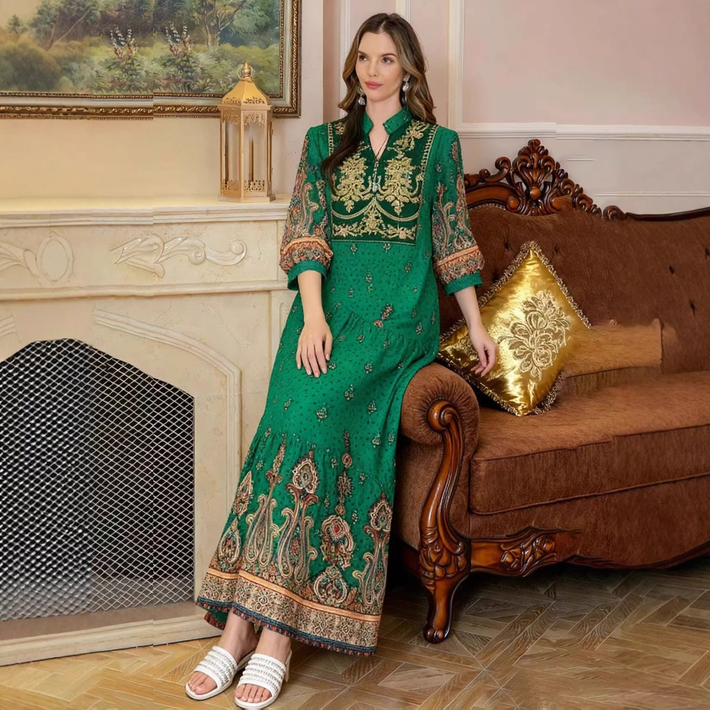 Retro Geometric Print Embroidered Long Sleeve Dress