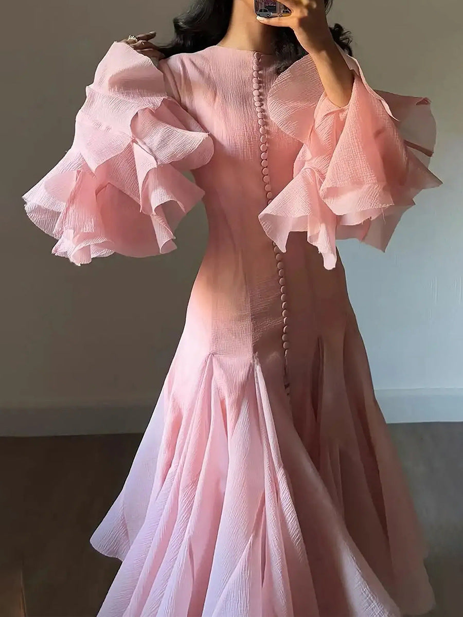 Ruffle High Neck Long Sleeve Dress
