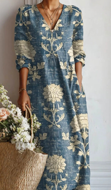 Womens V-Neck Long Sleeve Printed Dress