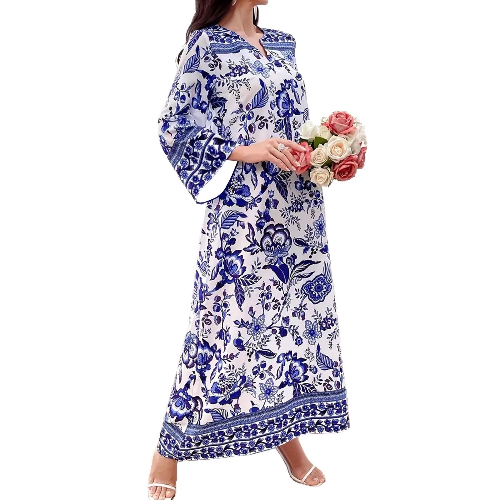 Retro Geometric Print Embroidered Long Sleeve Dress