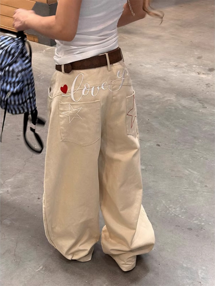Embroidered Wide Leg Denim Pants