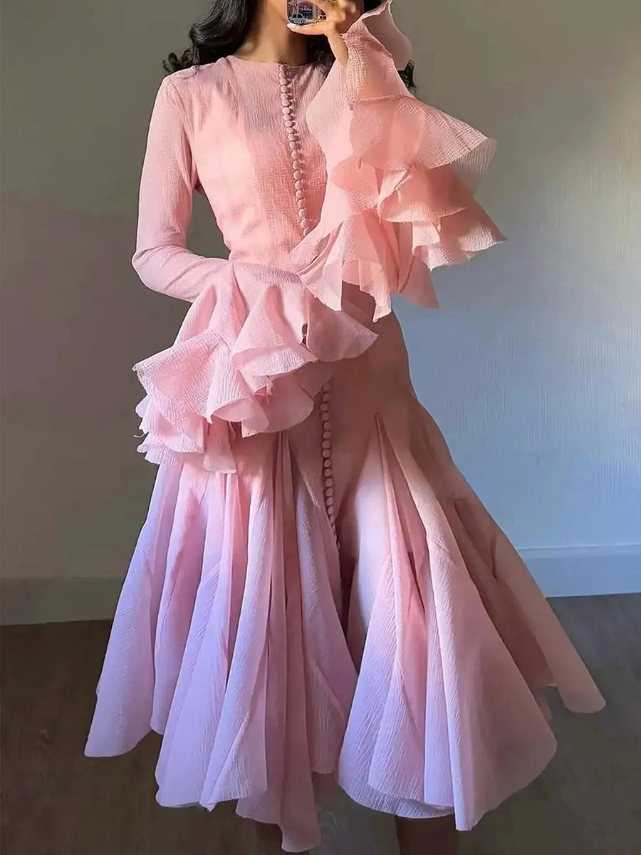 Ruffle High Neck Long Sleeve Dress