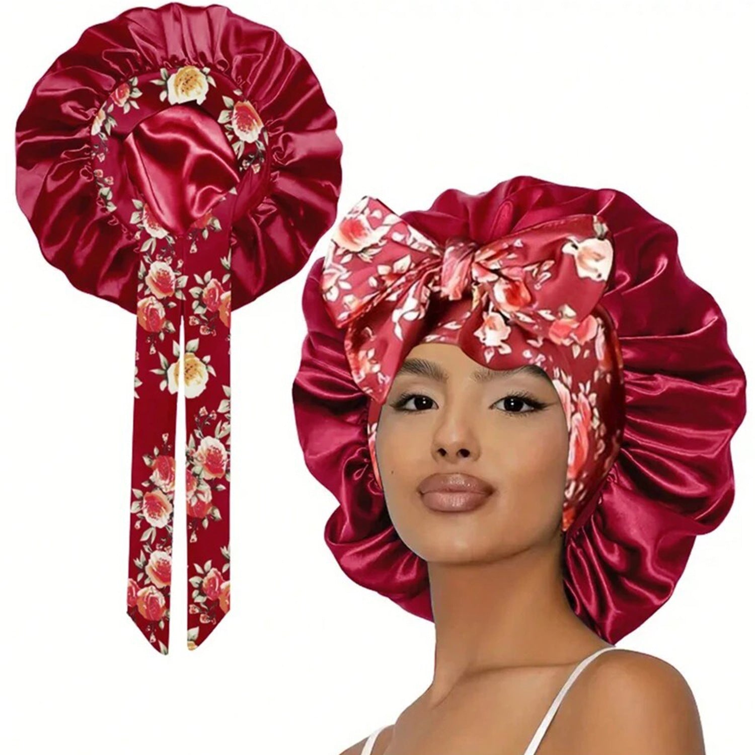Lace Trim Satin Sleep Bonnet with Bow