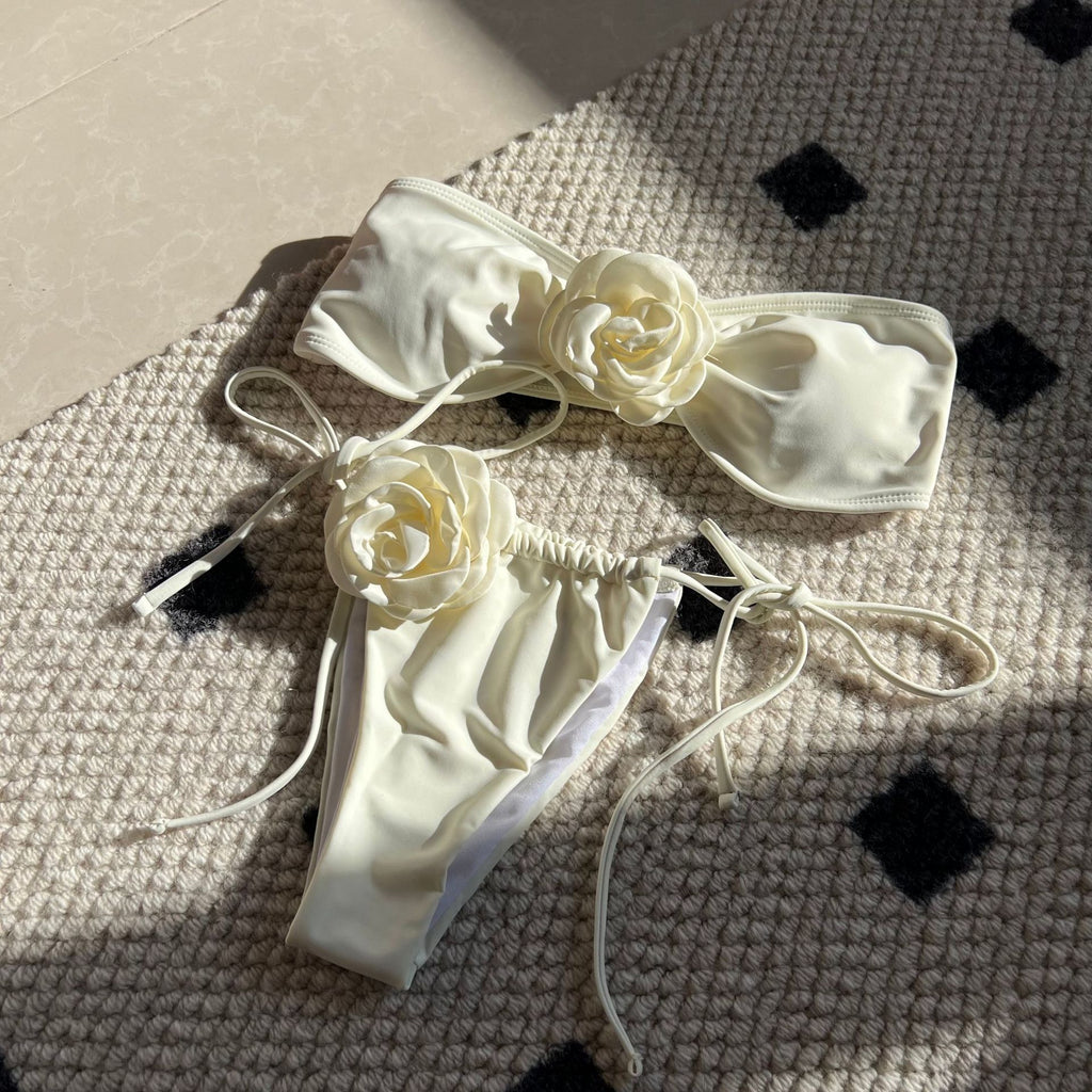 Pure Color Drawstring Tube Top Bikini Swimsuit