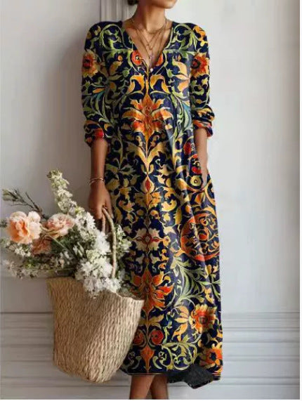 Womens V-Neck Long Sleeve Printed Dress