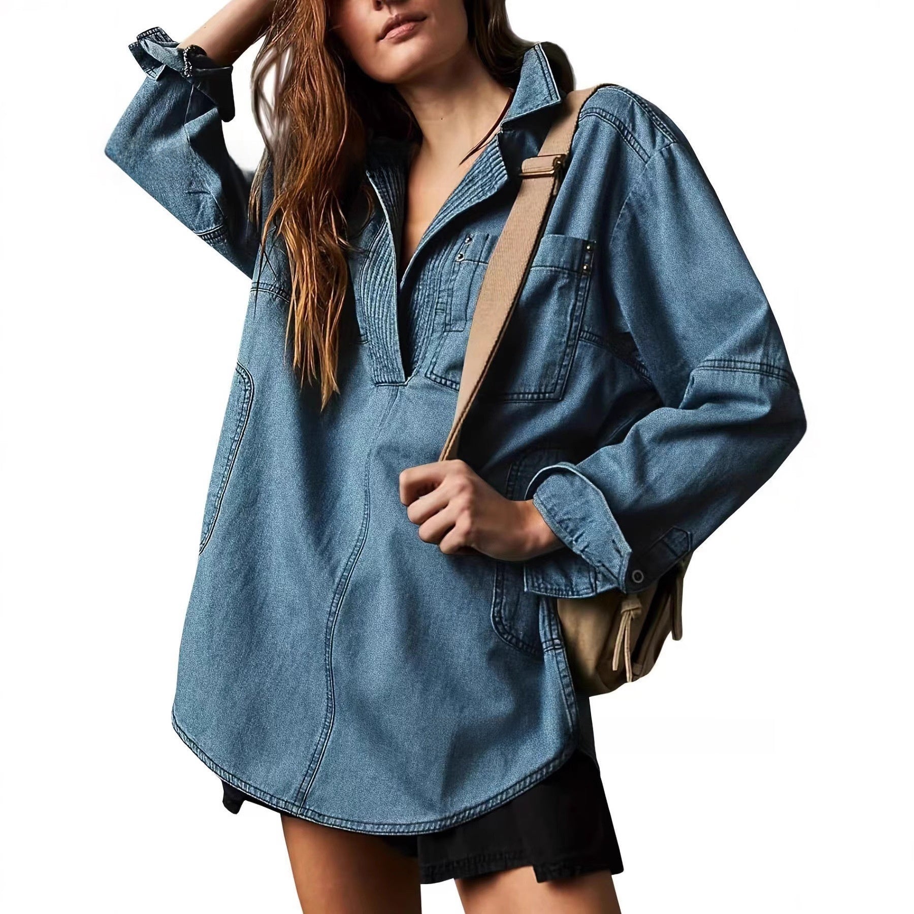 Denim V-Neck Long Sleeve Jacket