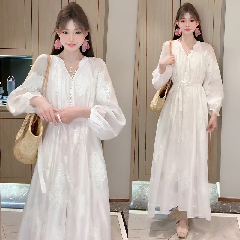 Embroidered Tencel Long-Sleeve Dress
