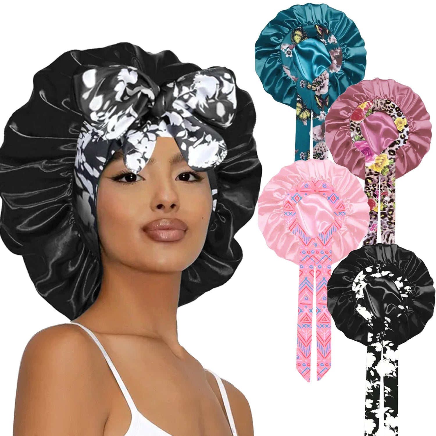Lace Trim Satin Sleep Bonnet with Bow